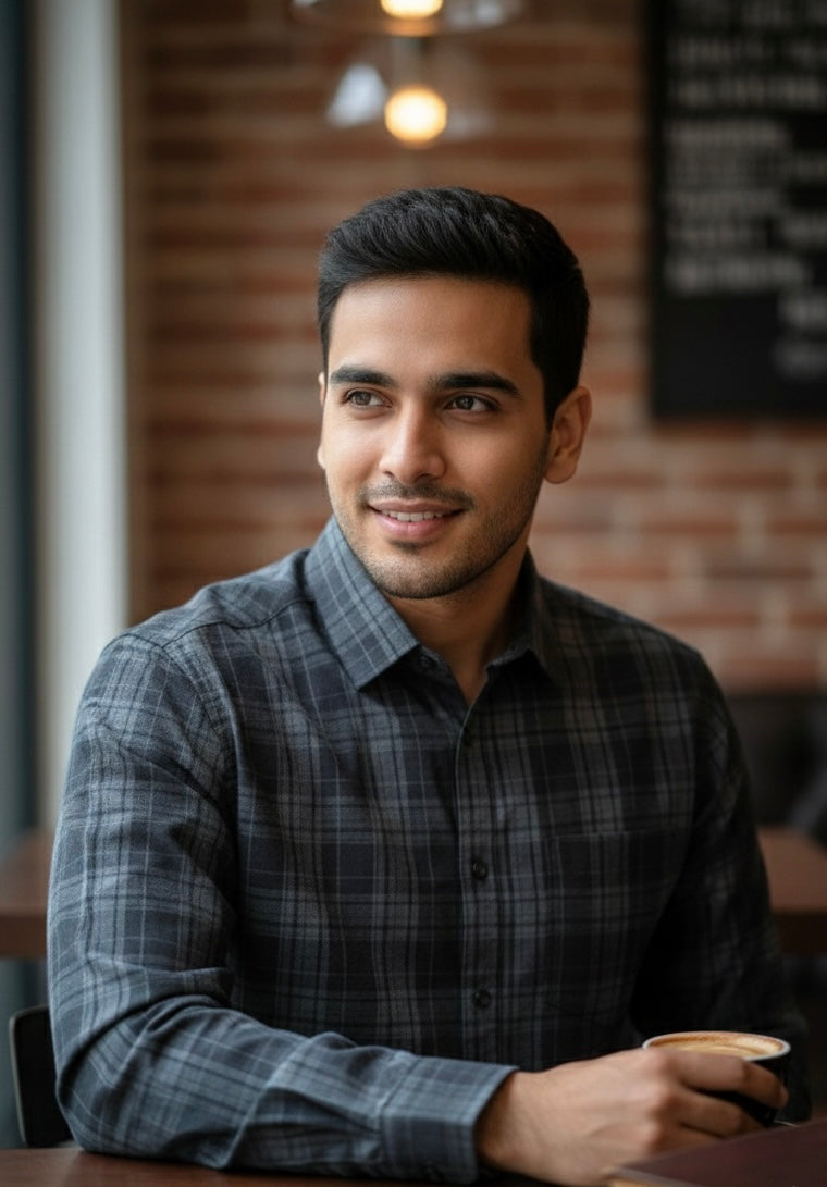 Premium Grey Checkered Slim-Fit Cotton Shirt for Men – The "Urban Classic" Edition