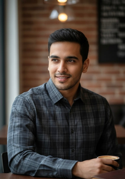 Premium Grey Checkered Slim-Fit Cotton Shirt for Men – The "Urban Classic" Edition