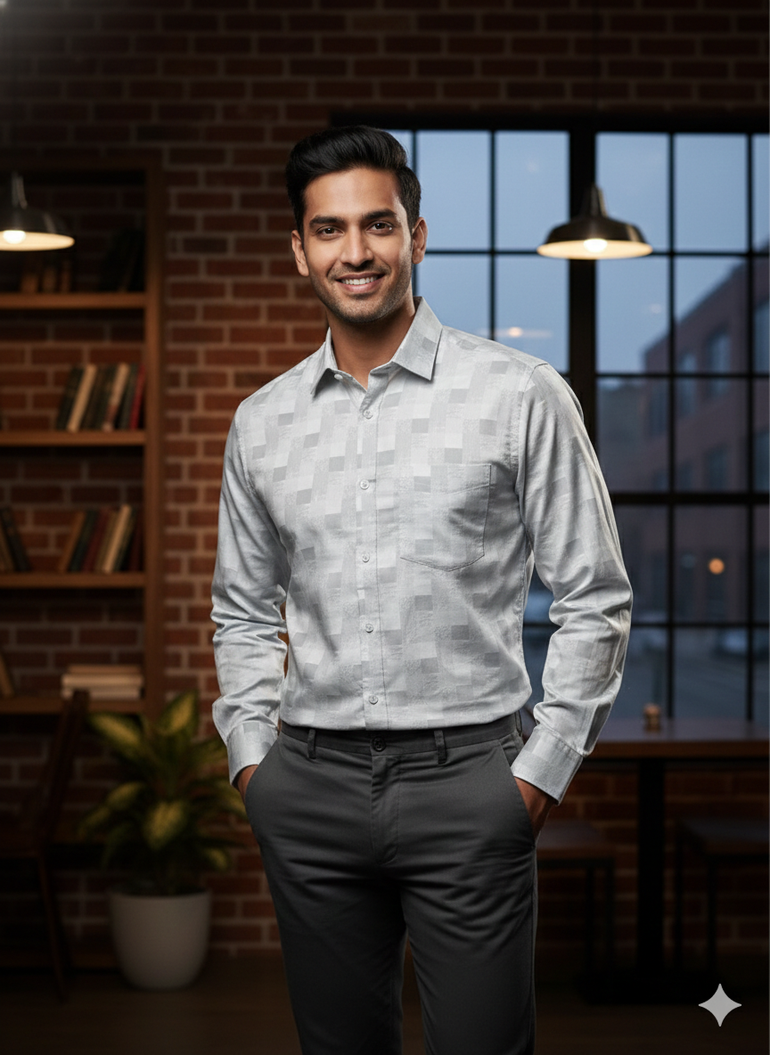 The "Executive Prism" White Grid Cotton Shirt – Premium Slim Fit