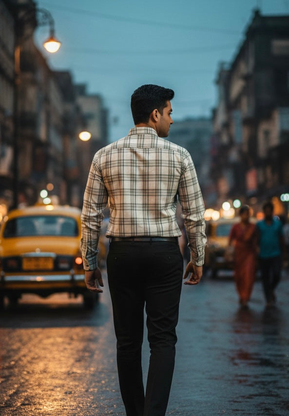 The "Kolkata Classic" Urban Plaid Shirt – Premium Sand & Slate Cotton